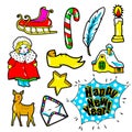 New Year stickers, pins, patches in cartoon 80s-90s comic style