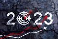 New year 2023 or straight forward target icon concept. Text 2023 text written with broken cement wall, Concept of planning, goal,