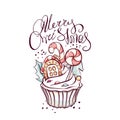 New Year sweets, cupcake with holiday decorations, gingerbread house and lollipops, delicious muffin.