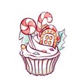 New Year sweets, cupcake with holiday decorations, gingerbread house and lollipops, delicious muffin.