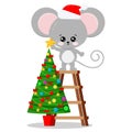 New year symbol cartoon character cute mouse in christmas hat puts star on a top of christmas tree isolated on white Royalty Free Stock Photo