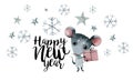 New year 2020, symbol of the year mouse, gray snowflakes, banner watercolor