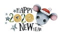 New year 2020, symbol of the year mouse, gray stars, banner watercolor