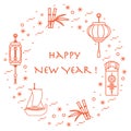 New year symbols: japanese treasure ship, bamboo, chinese lanterns and red envelopes of money arranged in a circle.