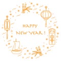 New year symbols: japanese treasure ship, bamboo, chinese lanterns and red envelopes of money arranged in a circle.