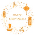 New year symbols: japanese treasure ship, bamboo, chinese lanterns and red envelopes of money arranged in a circle.