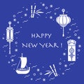 New year symbols: japanese treasure ship, bamboo, chinese lanterns and red envelopes of money arranged in a circle.