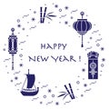 New year symbols: japanese treasure ship, bamboo, chinese lanterns and red envelopes of money arranged in a circle.