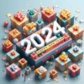 2024 new year template with 3D design on full colour gift box background