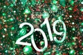 New year 2019 text on colorful background, christmas tree, decoration and lights, holiday concept backdrop Royalty Free Stock Photo