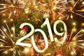 New year 2019 text on colorful background, christmas tree, decoration and lights, holiday concept backdrop