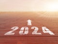 New year 2024. Text of 2024 has written on the ground. Straight forward concept. Keep going to the goal. target and challenge