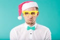 New Year theme Christmas winter holidays office company employees. portrait Caucasian male business funny Santa Claus hat glasses Royalty Free Stock Photo