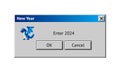 2024 New Year themed dialogue box with blue dragon. Abstract vaporwave, y2k aesthetics window with 90s style system Royalty Free Stock Photo