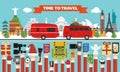 New Year time to travel design flat with red microbus, trailer camping, around the world