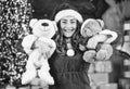 new year tips and ideas. happy girl at xmas party. christmas shopping sales. happy santa woman bear toy present. at the