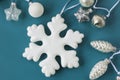 New year toys, christmas tree toys, white and gray toys on the blue background Royalty Free Stock Photo