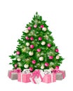 New Year tree with balls. Christmas fir tree with gift boxes. Beautiful New Year tree with toys.