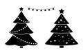 New Year tree black and white vector icon pictogram set. Marry Christmas decoration elements design simple flat style.