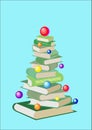 New year tree from colorful books and christmas balls. Cartoon x-mas illustration. Cute bright pile of books. Home