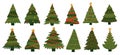 New Year tree. Doodle Xmas celebration decorative elements. Christmas fir sketches collection. Colorful templates for holidays