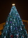 Decorated glowing Christmas tree in the city square Royalty Free Stock Photo