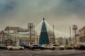 New Year tree on the Lubyanskaya Lubyanka Square, one of the tallest Christmas trees in Moscow, Russia