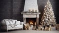 New year tree in scandinavian style interior with christmas decoration and fireplace