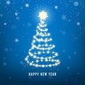 New Year Tree silhouette made of Christmas lights on blue background. Magic Chistmas snowfall background. Vector illustration