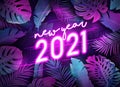 New Year tropical leaves design, Neon disco tropic party vector poster, Christmas summer holiday flyer Royalty Free Stock Photo