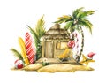 New Year in the tropics with bungalows, surfboards, palm trees and Christmas candies. Watercolor illustration