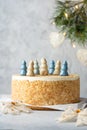 Festive New Years cake decorated with cake pops in the form of Christmas trees and snowmen. Selective focus. Holiday Royalty Free Stock Photo