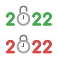 New year 2022 vector concept, clock padlock, open and closed Royalty Free Stock Photo