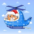 Cute cartoon tiger in Santa hat flying in blue helicopter.