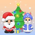 Cute cartoon Santa Claus with Snow Maiden rabbit and Christmas tree with gifts. Royalty Free Stock Photo