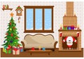 New year vector room with decorations  Christmas tree and Santa in the fireplace. Humor illustration on the theme of new year and Royalty Free Stock Photo