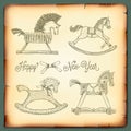 New Year vintage card with rocking toys horses Royalty Free Stock Photo