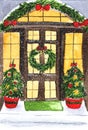 New Year watercolor card. Kinship. Christmas card. The door is decorated with a Christmas wreath, Christmas trees. New snow-cover