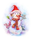 New year watercolor. Funny snowman in Christmas hat and red-green striped scarf on snow background. New year postcard