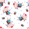 New Year watercolor seamless pattern with cute pigs, Christmas gifts and snowflakes.