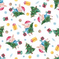 New Year watercolor seamless pattern with cute pigs, Christmas gifts and snowflakes