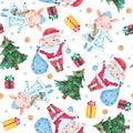 New Year watercolor seamless pattern with cute pigs, Christmas trees and snowflakes.