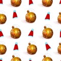 New year watercolor seamless pattern with golden Christmas balls and red santa hats