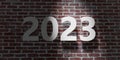 2023 New Year. White digit on red brick wall background. Number on building facade. 3d illustration Royalty Free Stock Photo