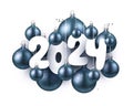 New Year white paper lettering with blue Christmas balls and glittering particles