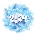 New Year white paper 2024 lettering on bright blue realistic fir branches and glittering sparkles. Round Christmas wreath Royalty Free Stock Photo