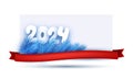 New Year white paper 2024 lettering with bright blue realistic fir branches and red ribbon Royalty Free Stock Photo