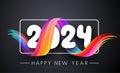 New Year 2024 white paper numbers for calendar header with gradient color 3d curled ribbon on grey background