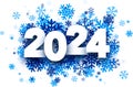 New Year 2024 white paper numbers for calendar header on scattered blue snowflakes