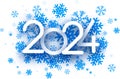 New Year 2024 white paper numbers for calendar header on scattered blue snowflakes